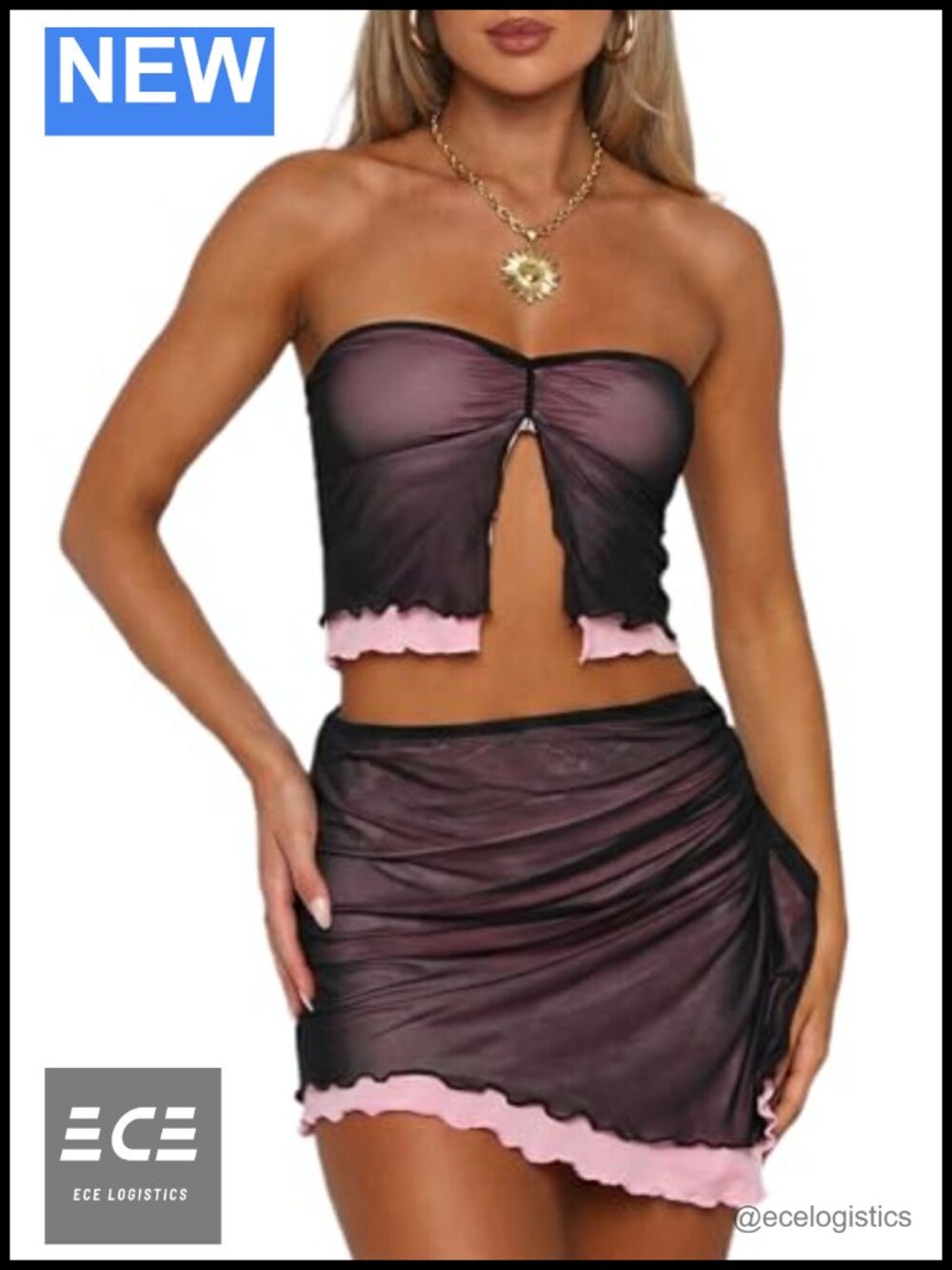 Women's 2 Piece Sheer Mesh Tube Crop Top and Ruffle Mini Skirt Set Sleeveless